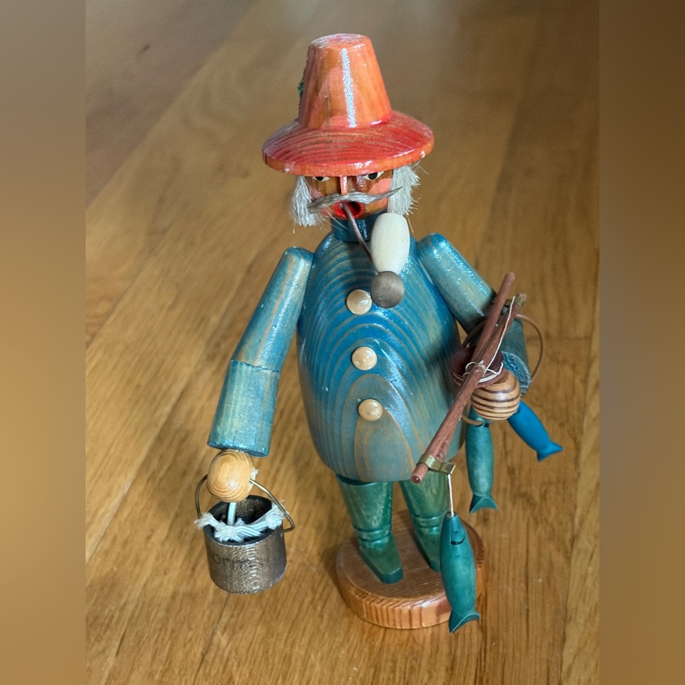 Vtg Rare Erzgebirge Incense Smoker Fisherman + Fish Germany 7 1/2”